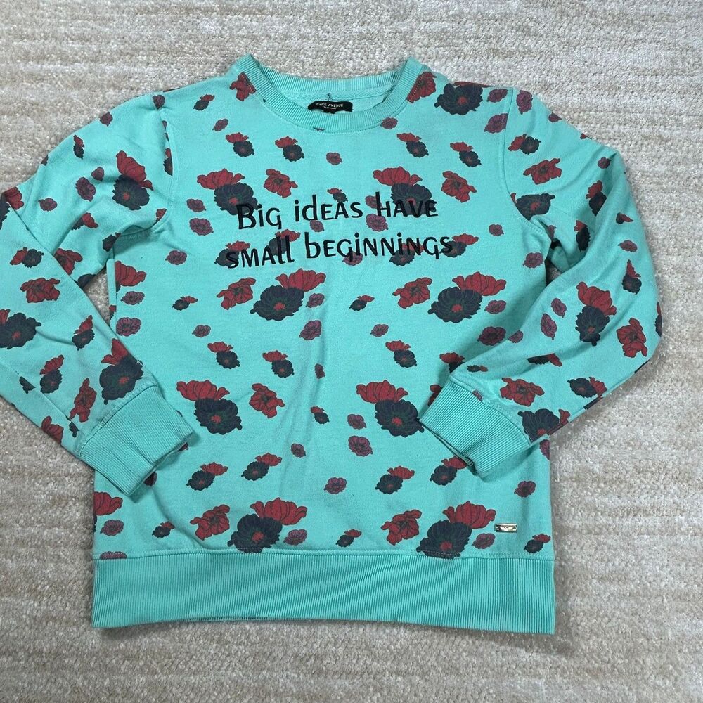 Park Avenue Sweatshirt Womens 10 Aqua Floral Big Ideas Embroidered Crew Pullover